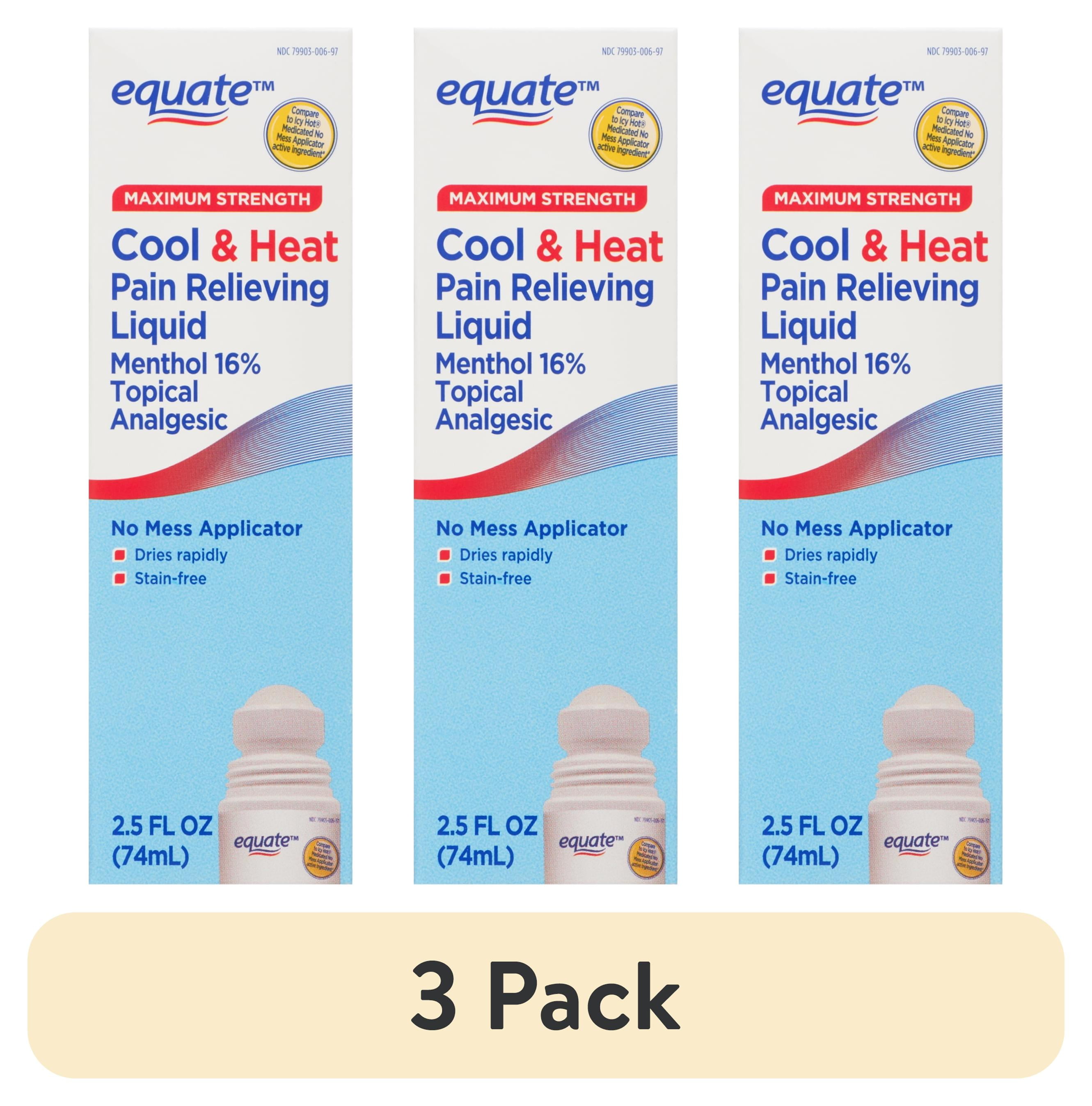 (3 pack) Equate Maximum Strength Strength Cool & Heat Pain Relieving Liquid Roll On 16% Menthol, 2.5 fl oz, Compare To Icy Hot Medicated No Mess Applicator Active Ingredient