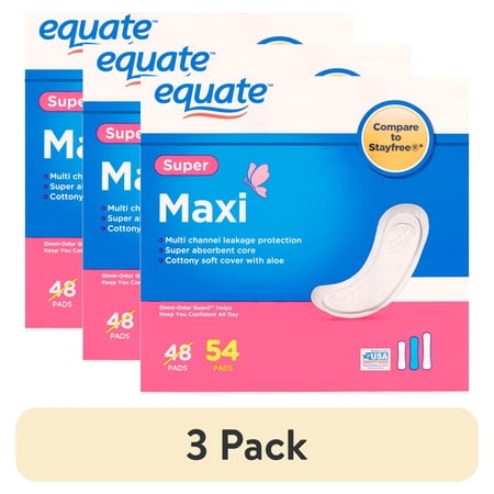 (3 pack) Equate Maxi Pads with Wings, Super, Unscented, 54 Count
