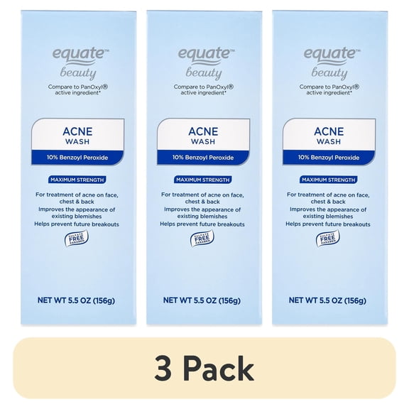 (3 pack) Equate Maximum Strength Acne Wash with 10% Benzoyl Peroxide for Acne Care, 5.5 oz, Compare to PanOxyl® Active Ingredient