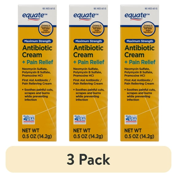 (3 pack) Equate Maximum Strength Antibiotic First Aid Cream + Pain Relief, Compare to Neosporin + Pain Relief Active Ingredients, 0.5 oz