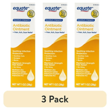 (3 pack) Equate Maximum Strength Antibiotic First Aid Ointment + Pain, Itch, and Scar Relief, 1oz, Compare to Neosporin® + Pain, Itch, Scar Active Ingredients