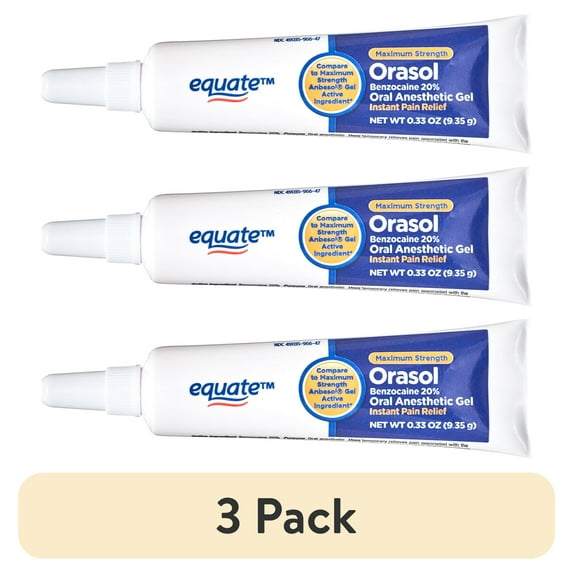 (3 pack) Equate Maximum Strength Orasol Oral Anesthetic Gel with 20% Benzocaine for Instant Pain Relief, 0.33 oz, Compare to Maximum Strength Anbesol® Gel Active Ingredient