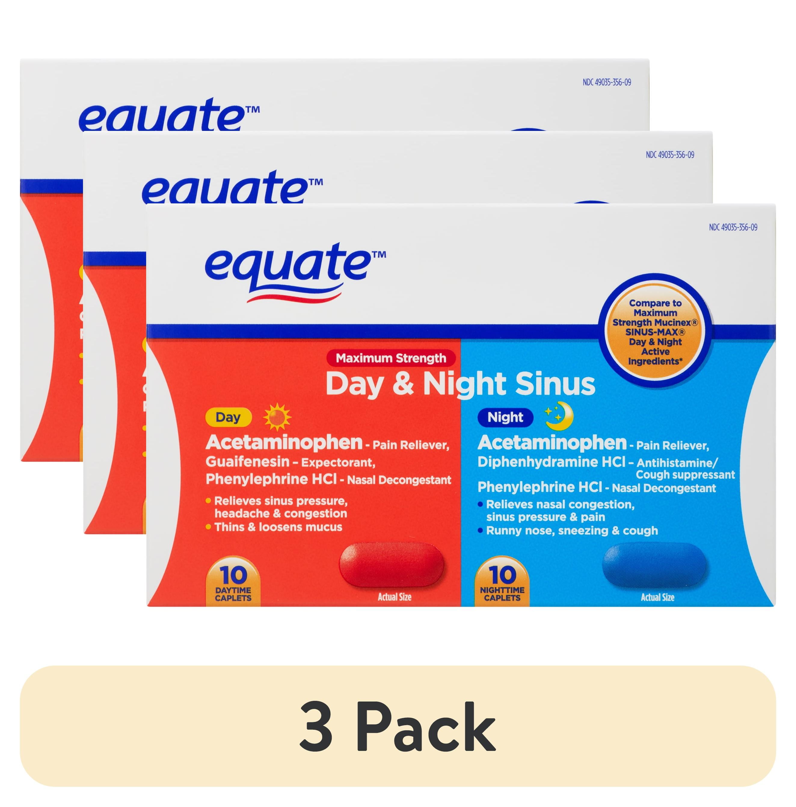 (3 pack) Equate Maximum Strength Day & Night Sinus Relief Caplets, 20 Count