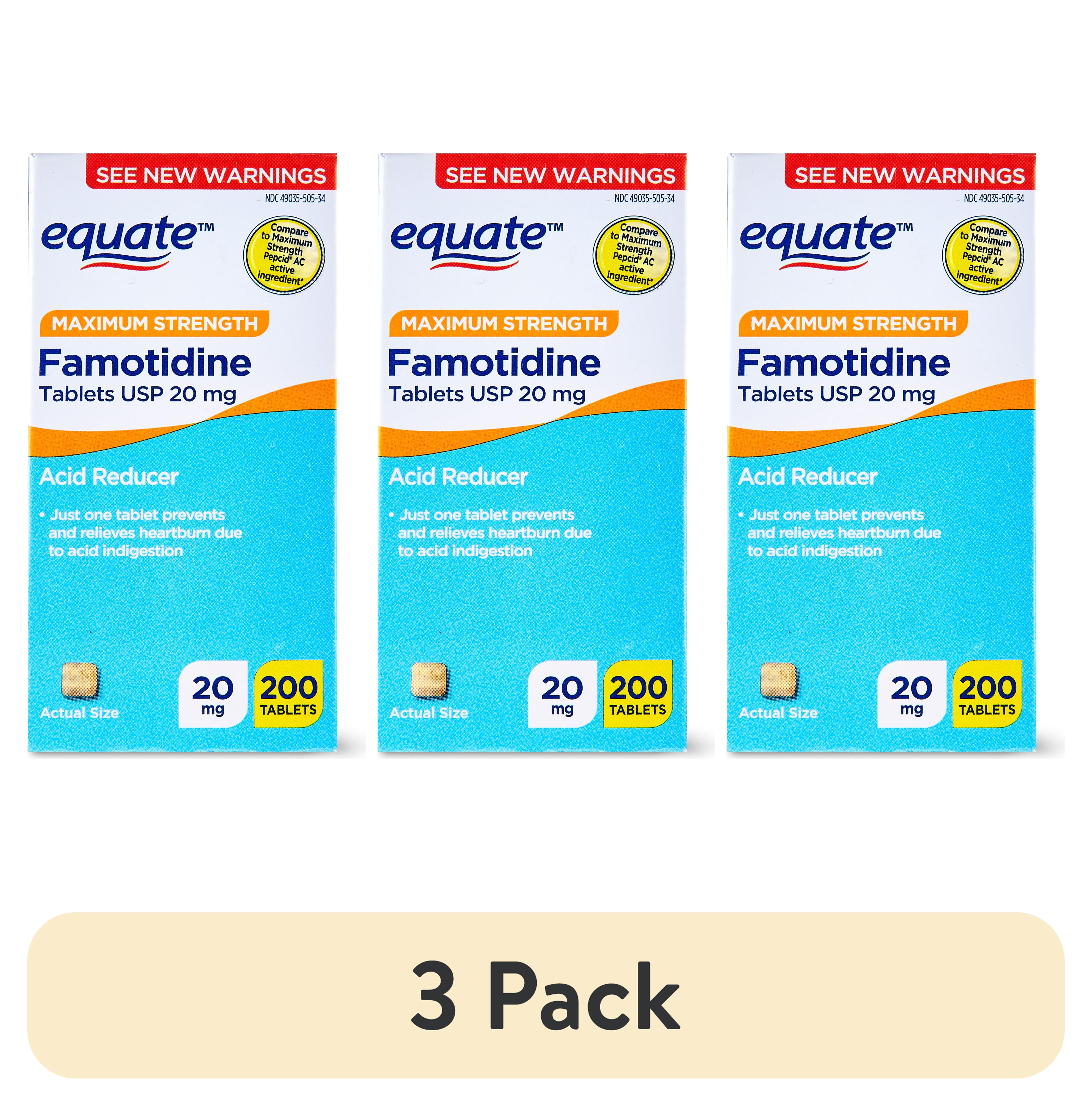 (3 pack) Equate Maximum Strength Famotidine 20mg Tablets, 200 Count, Compare to Maximum Strength Pepcid AC Active Ingredient