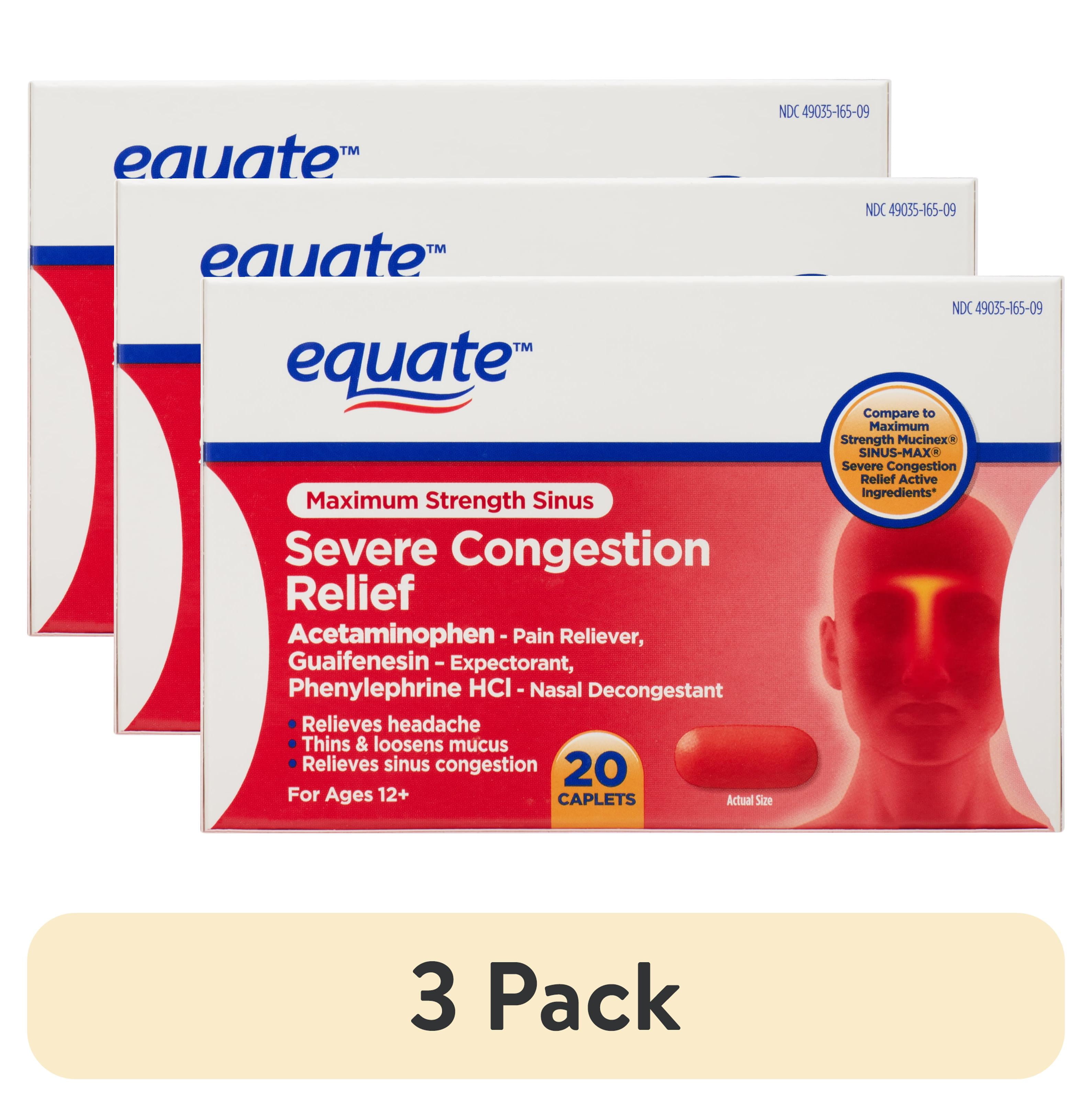 (3 pack) Equate Maximum Strength Severe Sinus & Congestion Relief Caplets, 20 Count