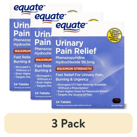 (3 pack) Equate Gluten-Free Phenazopyridine Hydrochloride 99.5 mg Pain Relief Tablets for Burn Full Size 24 Tablets