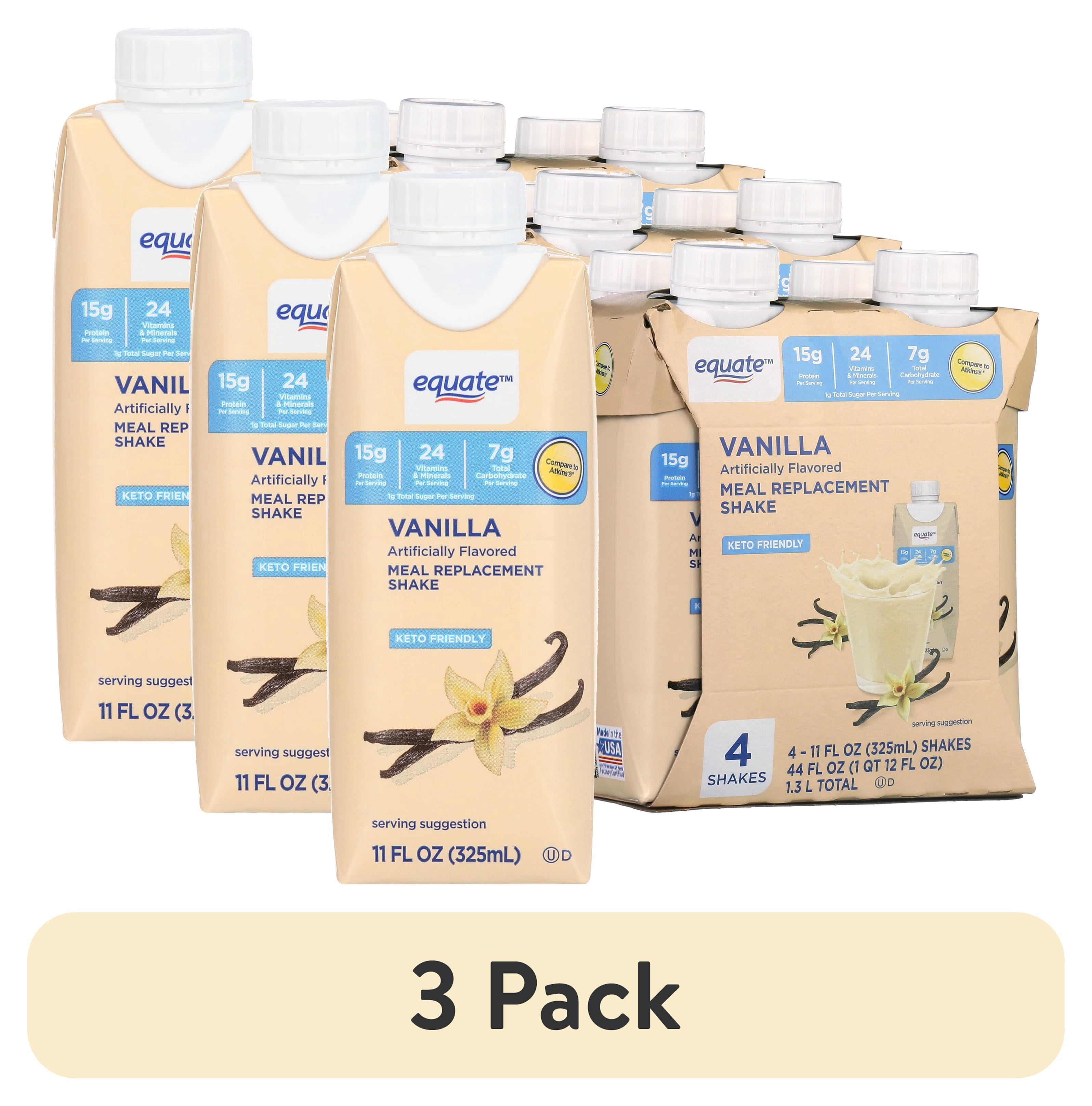 (3 pack) Equate Meal Replacement Shake, Vanilla, 4 Ct, 11 fl oz Each, White