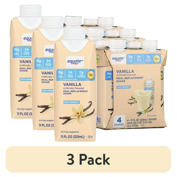 (3 pack) Equate Meal Replacement Shake, Vanilla, 4 Ct, 11 fl oz Each, White