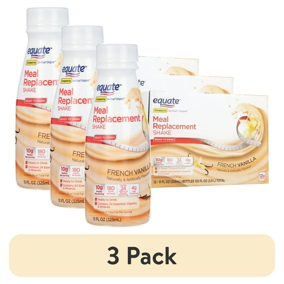 (3 pack) Equate Meal Replacement Shakes, French Vanilla, 11 fl oz, 12 Ct