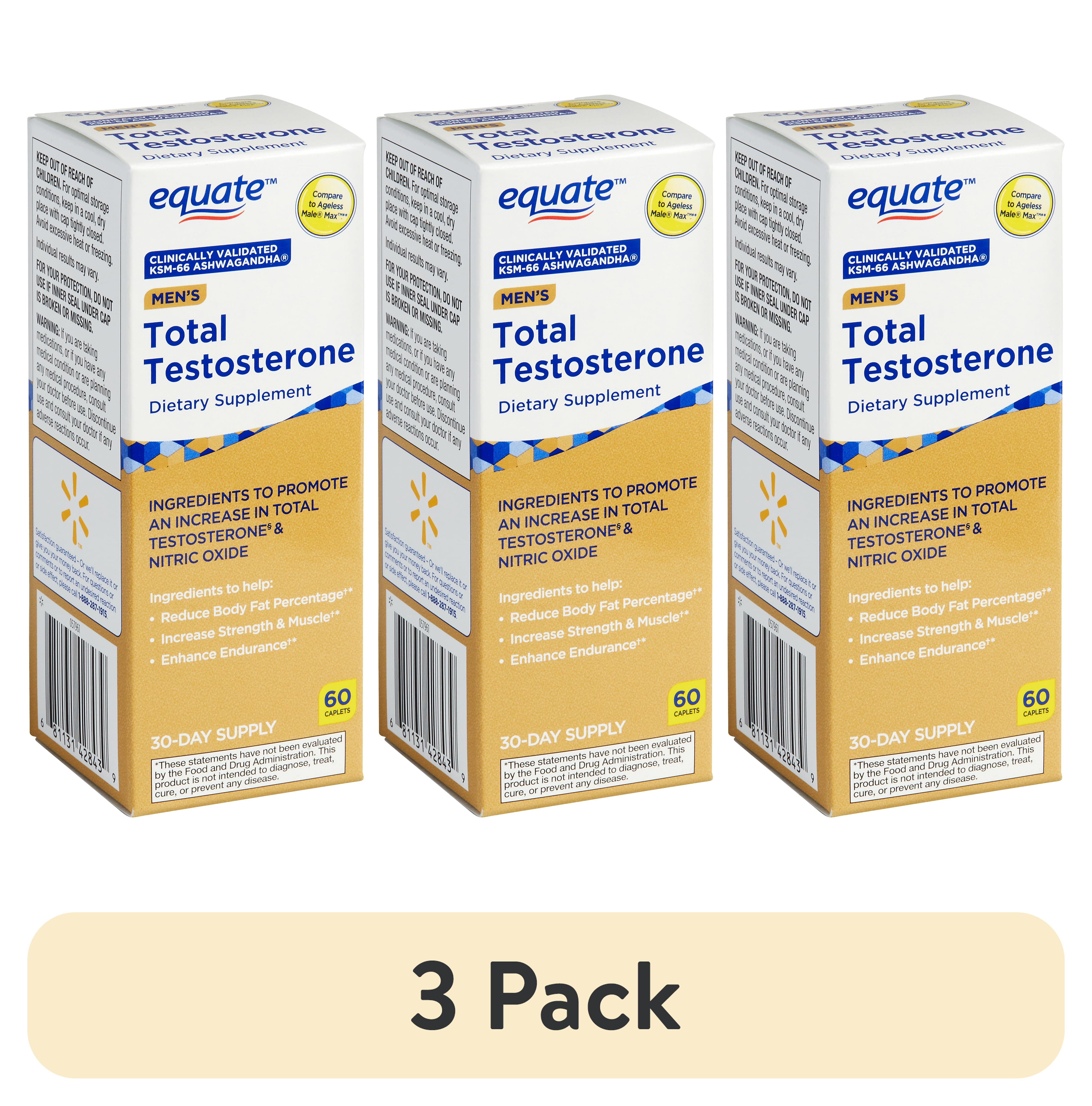 (3 pack) Equate Men's Total Testosterone with KSM-66 Ashwagandha Dietary Supplement, 60 Count, Compare to Ageless Male Max