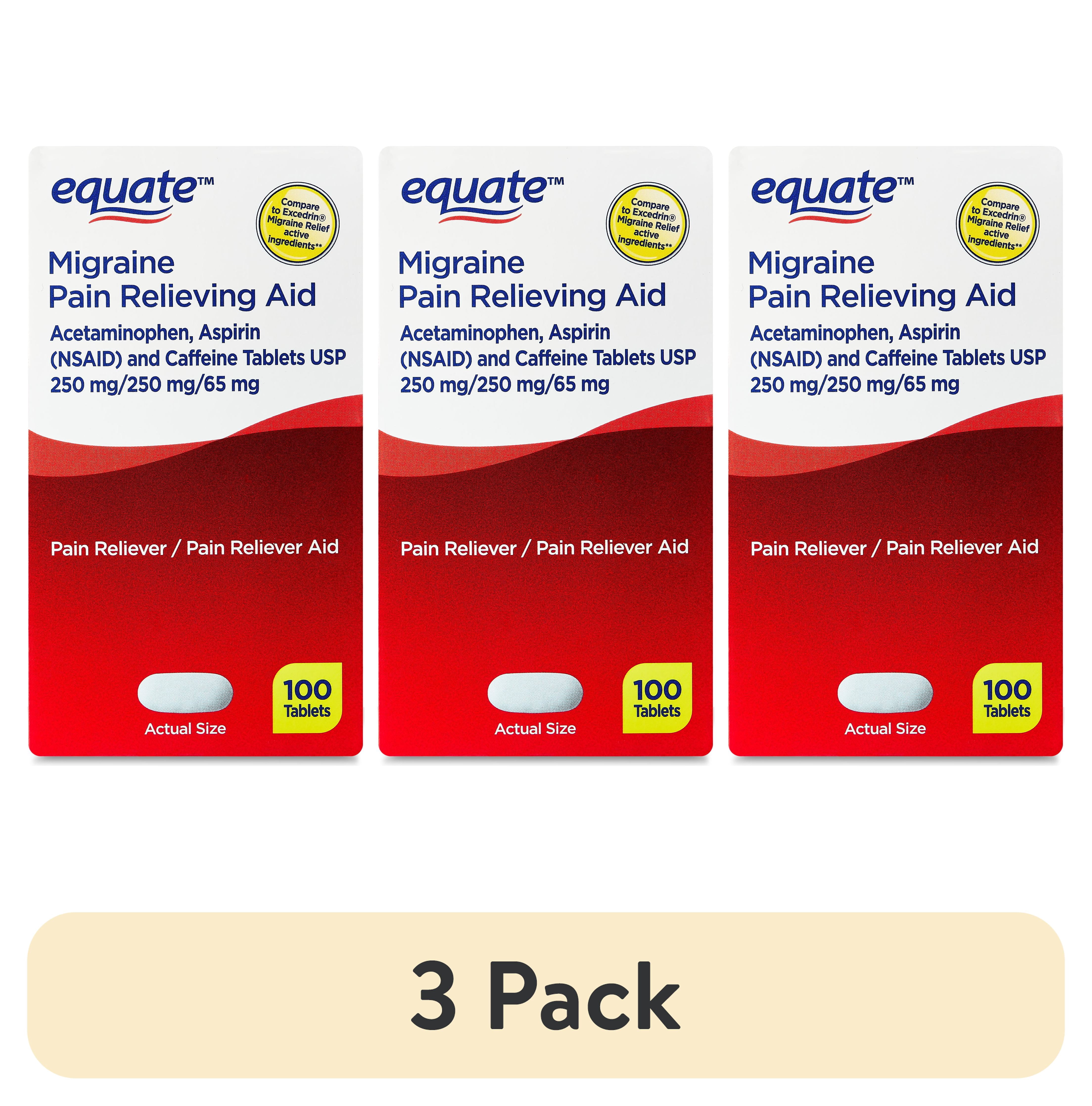 (3 pack) Equate Migraine Pain Relieving Aid Acetaminophen Aspirin and Caffeine Tablets, 100 Count, Compare to Excedrin® Migraine Relief Active Ingredients