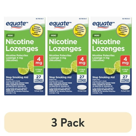 (3 pack) Equate Mini Nicotine Polacrilex Lozenge, Stop Smoking Aid, 4 mg, Citrus Lime, 27 Count
