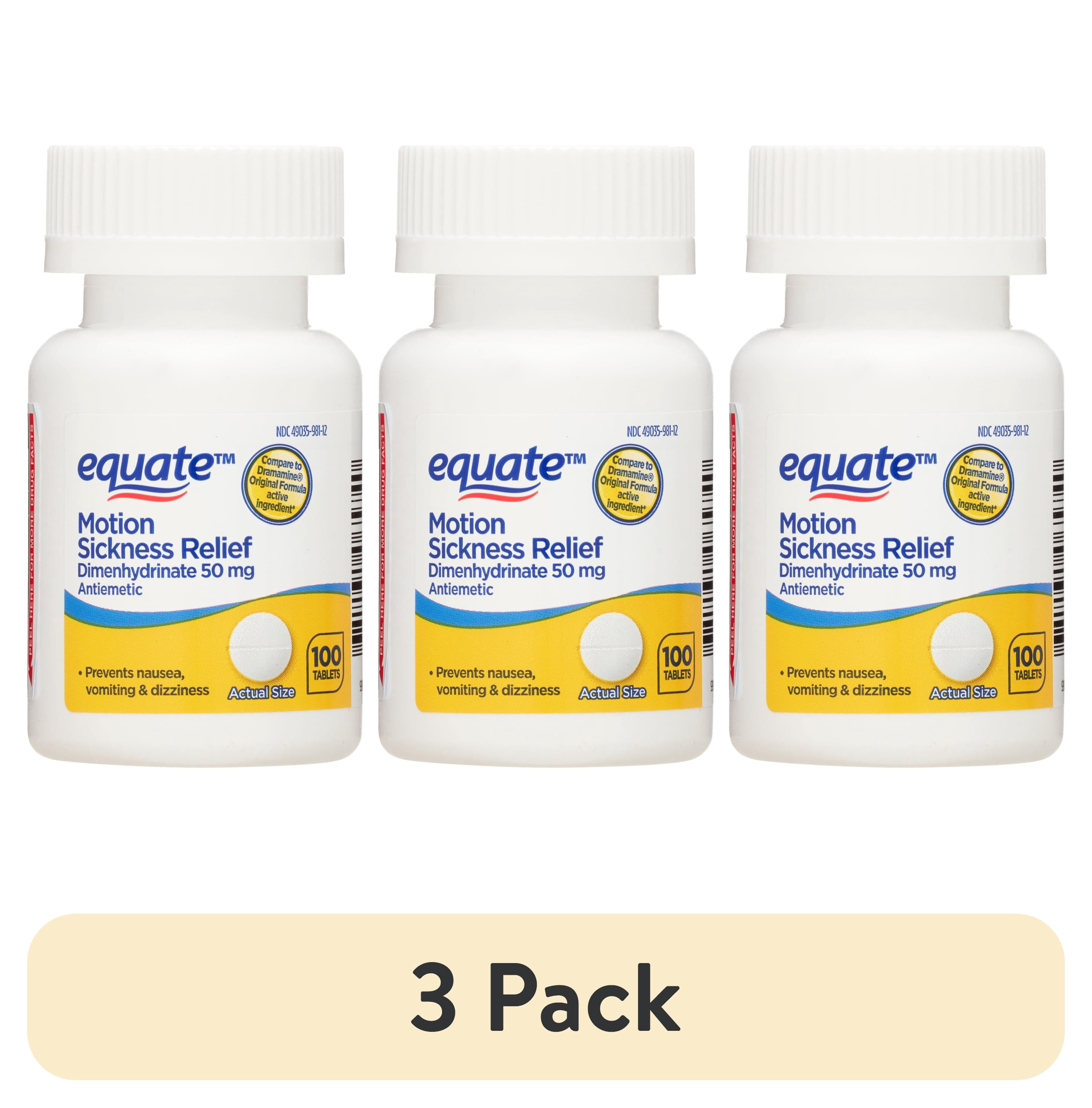 (3 pack) Equate Motion Sickness Relief Dimenhydrinate Tablets, 50mg, 100 Count, Compare to Dramamine® Original Formula Active Ingredients