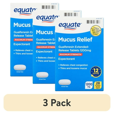 (3 pack) Equate Maximum Strength 12 Hour Mucus ER Guaifenesin Extended-Release Tablets, 1200 mg, 28 Count, Compare to Mucinex® Extended Release 1200 mg Tablets Active Ingredient