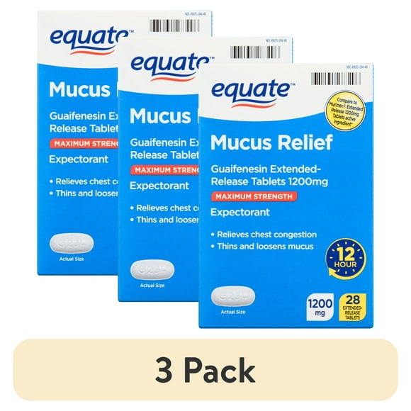 (3 pack) Equate Maximum Strength 12 Hour Mucus ER Guaifenesin Extended-Release Tablets, 1200 mg, 28 Count, Compare to Mucinex Extended Release 1200 mg Tablets Active Ingredient