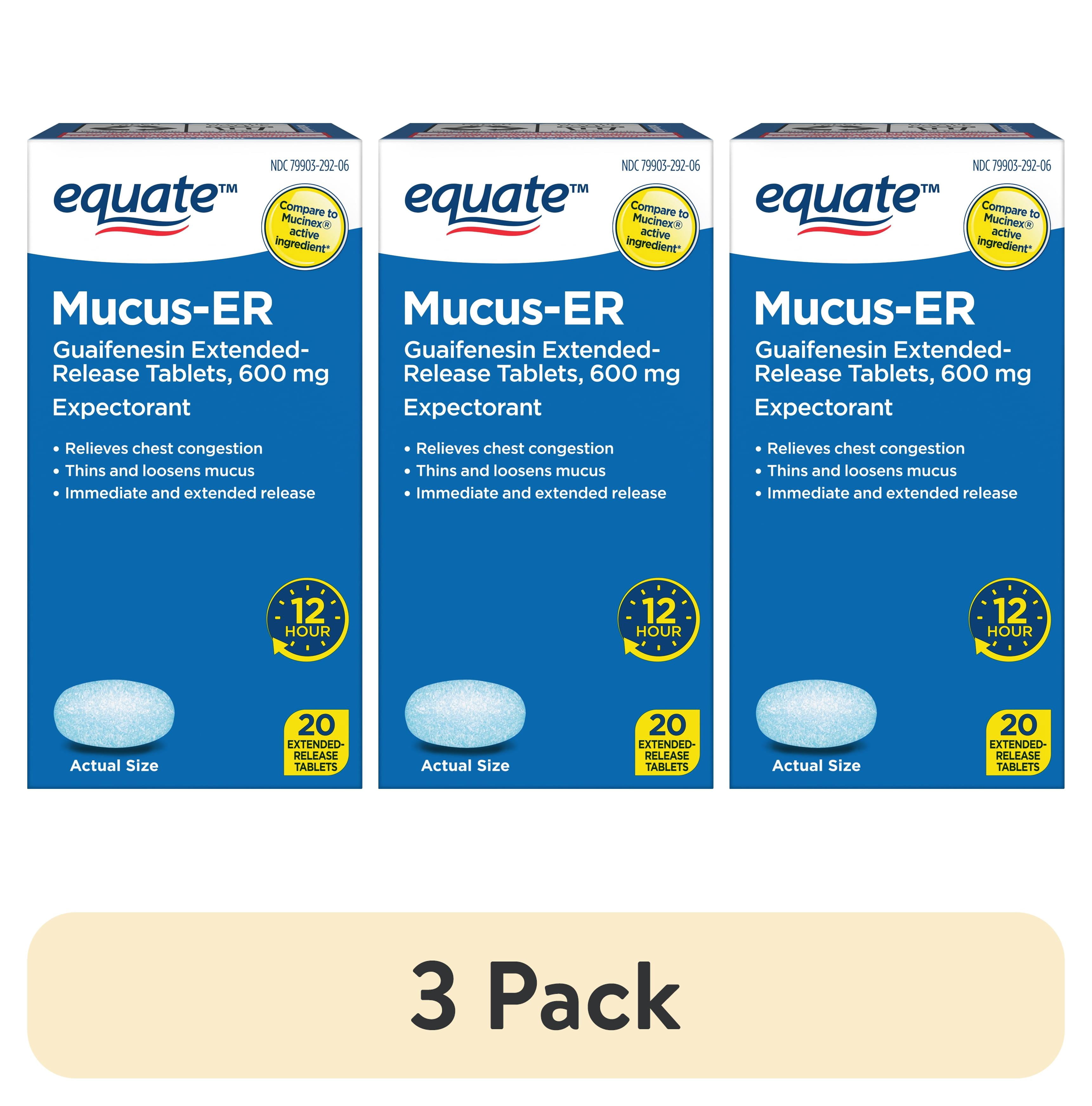 (3 pack) Equate Mucus and Chest Congestion Relief Guaifenesin Extended-Release Tablets, 600 mg, 12 Hour Expectorant, 20 Count