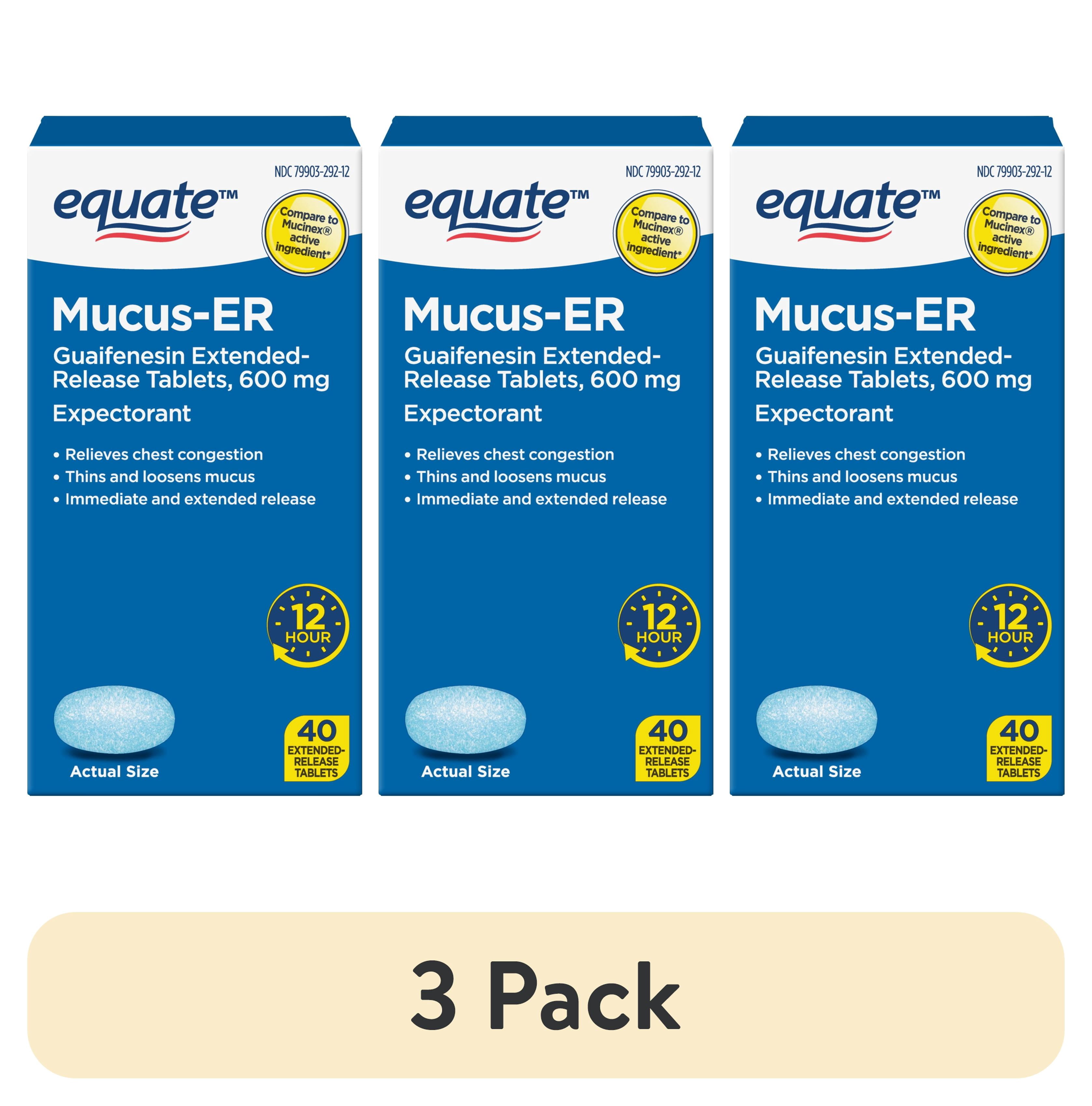 (3 pack) Equate Mucus and Chest Congestion Relief Guaifenesin Extended-Release Tablets, 600 mg, 12 Hour Expectorant, 40 Count