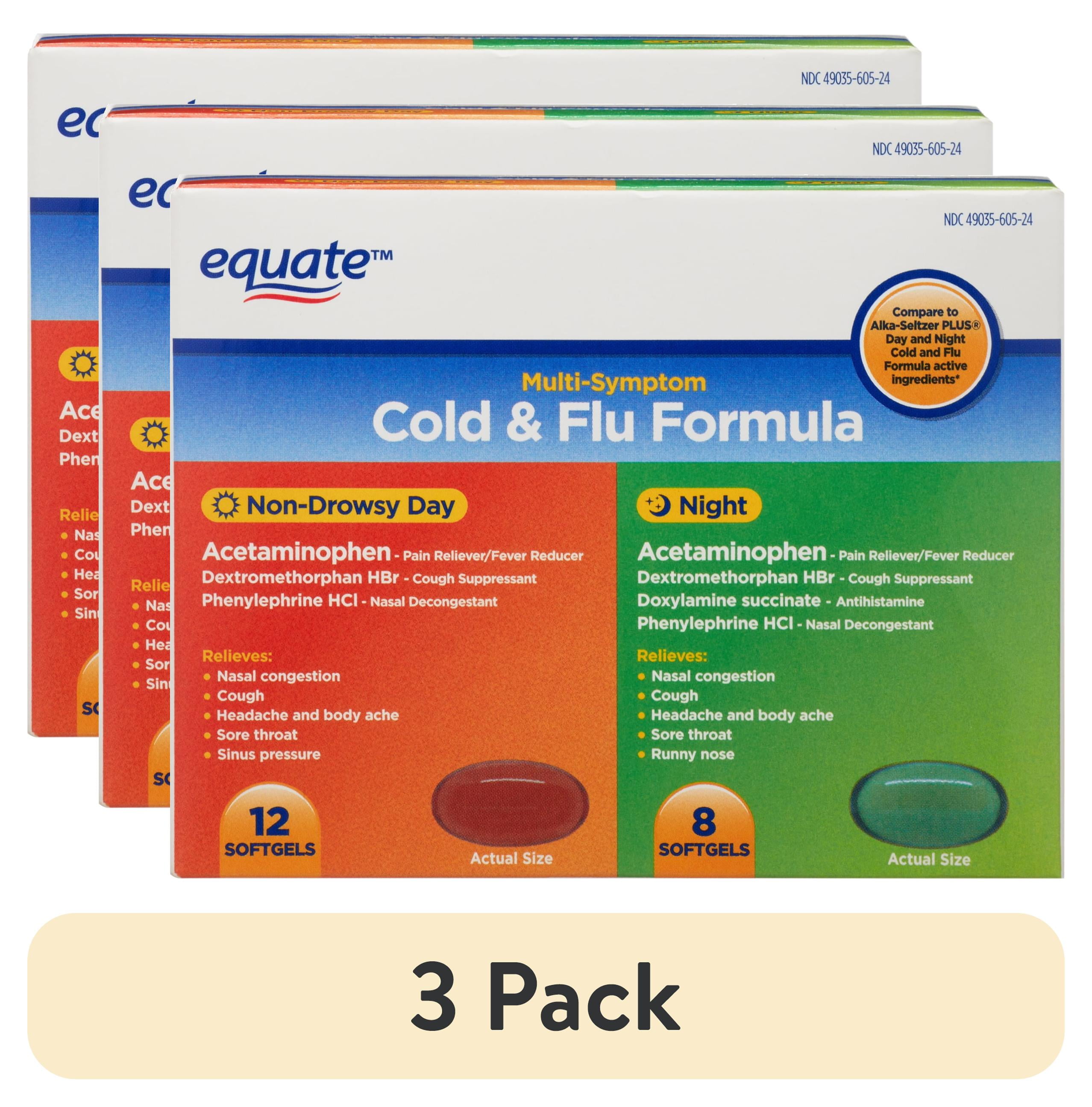 (3 pack) Equate Max Strength Day & Night Cold + Flu Relief Gelcaps, 325mg, 20 Count