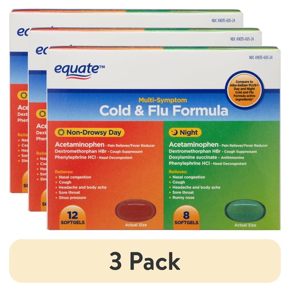 (3 pack) Equate Max Strength Day & Night Cold + Flu Relief Gelcaps, 325mg, 20 Count