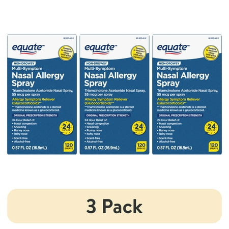 (3 pack) Equate Nasal Allergy Spray, 24 Hour Relief, Non-Drowsy, 120 Sprays, 16.9 ml