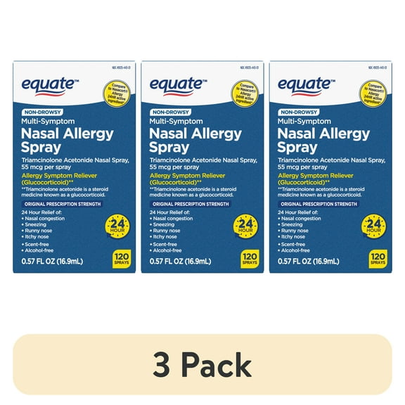 (3 pack) Equate Nasal Allergy Spray, 24 Hour Relief, Non-Drowsy, 120 Sprays, 16.9 ml