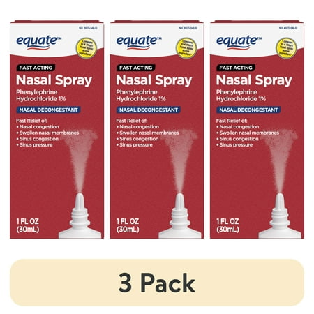 (3 pack) Equate Nasal Four Nasal Spray 1% Phenylephrine Hydrochloride – Fast-Acting Nasal Decongestant, 1 Fl oz