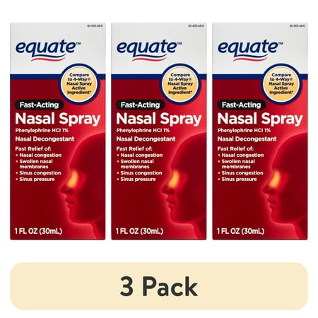 (3 pack) Equate Nasal Four Nasal Spray 1% Phenylephrine Hydrochloride – Fast-Acting Nasal Decongestant, 1 Fl oz