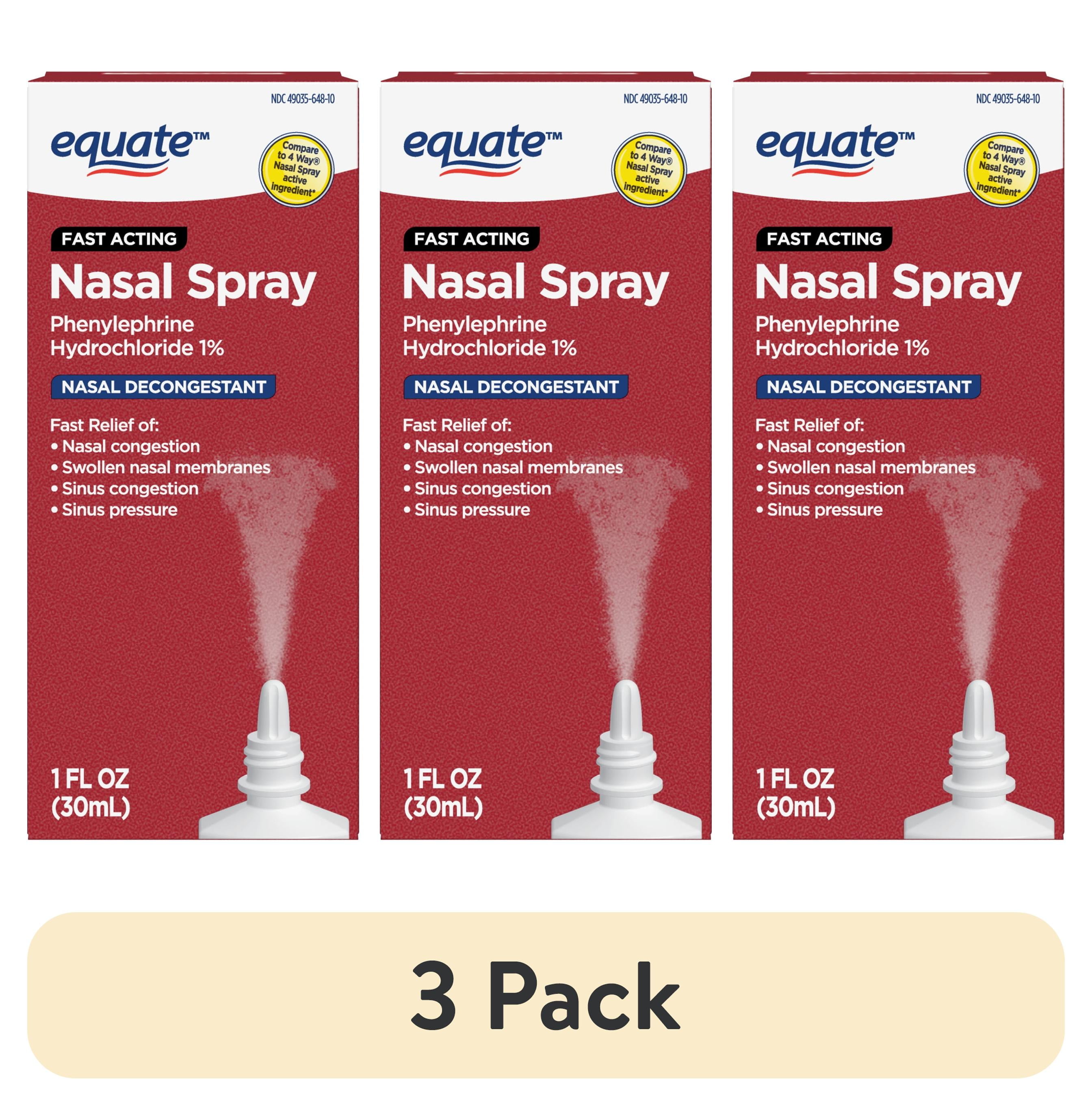 (3 pack) Equate Nasal Four Nasal Spray 1% Phenylephrine Hydrochloride Fast-Acting Nasal Decongestant, 1 Fl oz
