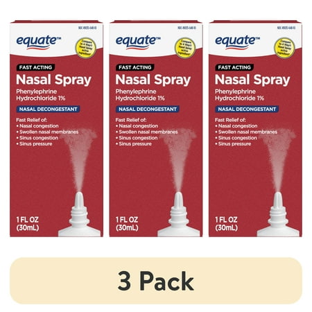 (3 pack) Equate Nasal Four Nasal Spray 1% Phenylephrine Hydrochloride – Fast-Acting Nasal Decongestant, 1 Fl oz