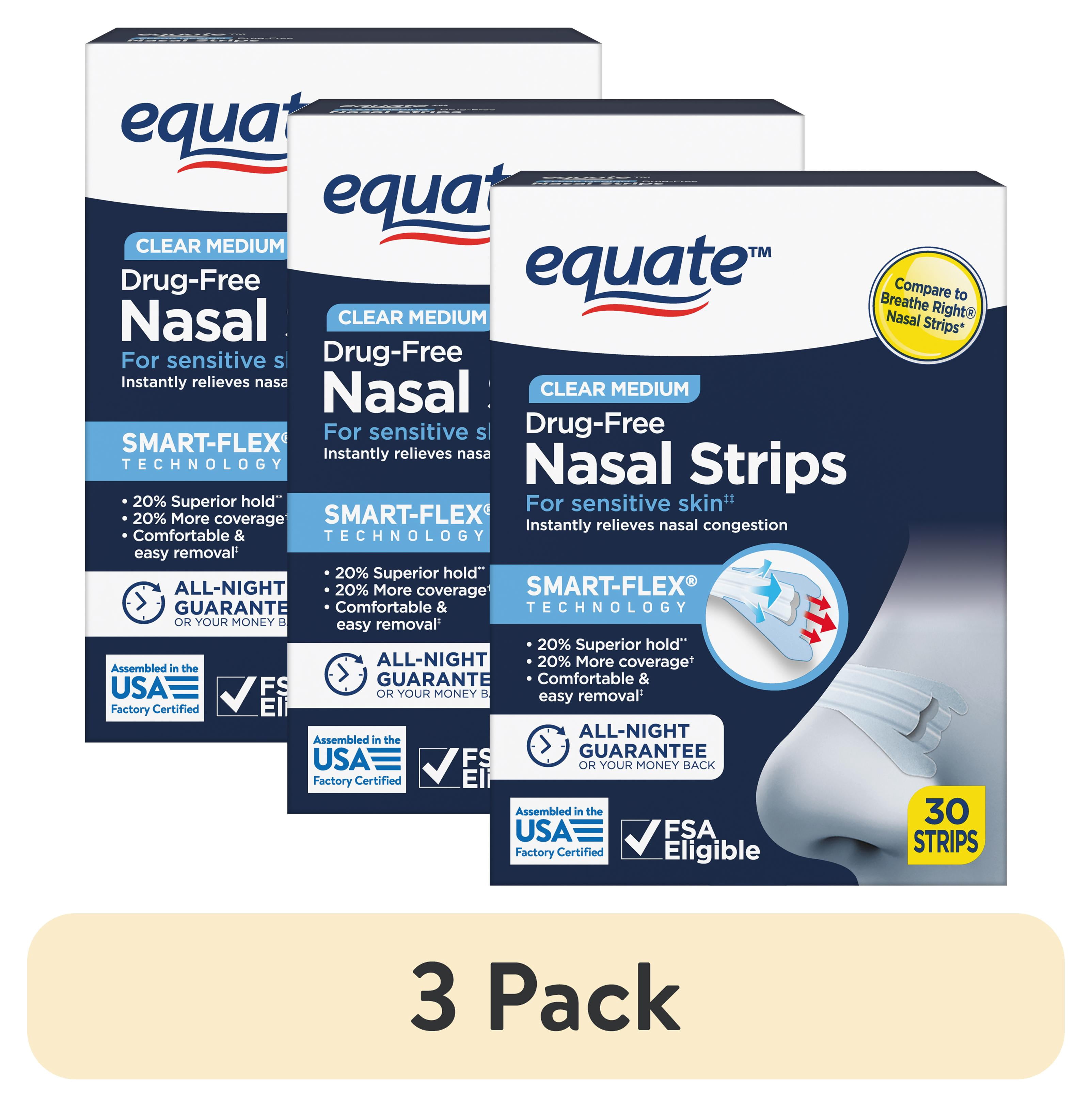 (3 pack) Equate Sensitive Skin Clear Nasal Strips, 30 Count, Compare to Breathe Right® Clear Nasal Strips