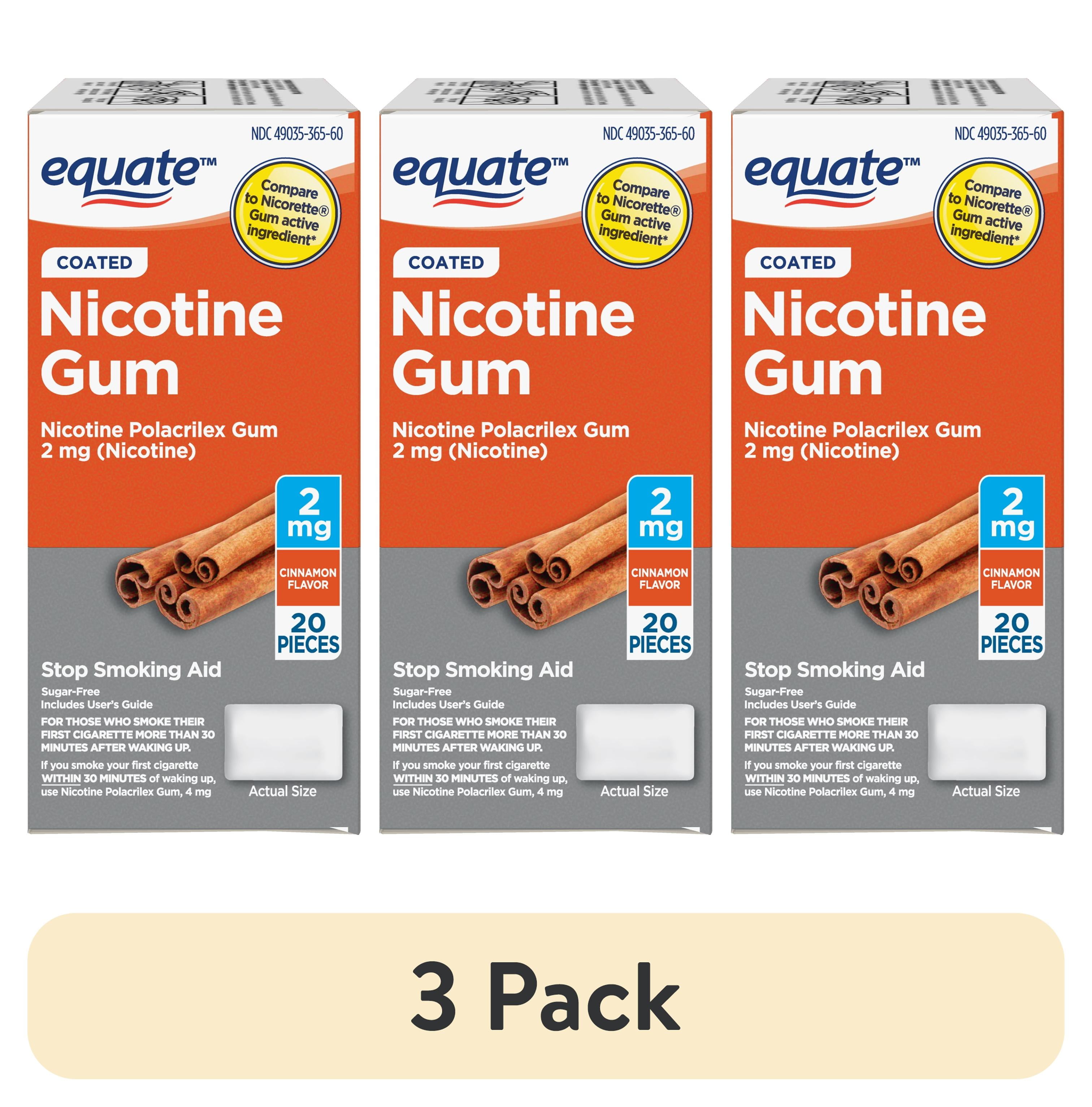 (3 pack) Equate Nicotine Coated Gum 2 mg, Stop Smoking Aid, Cinnamon Flavor, 20 Count, Compare to Nicorette® Gum Active Ingredient