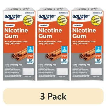 (3 pack) Equate Nicotine Coated Gum 2 mg, Stop Smoking Aid, Cinnamon Flavor, 20 Count, Compare to Nicorette® Gum Active Ingredient
