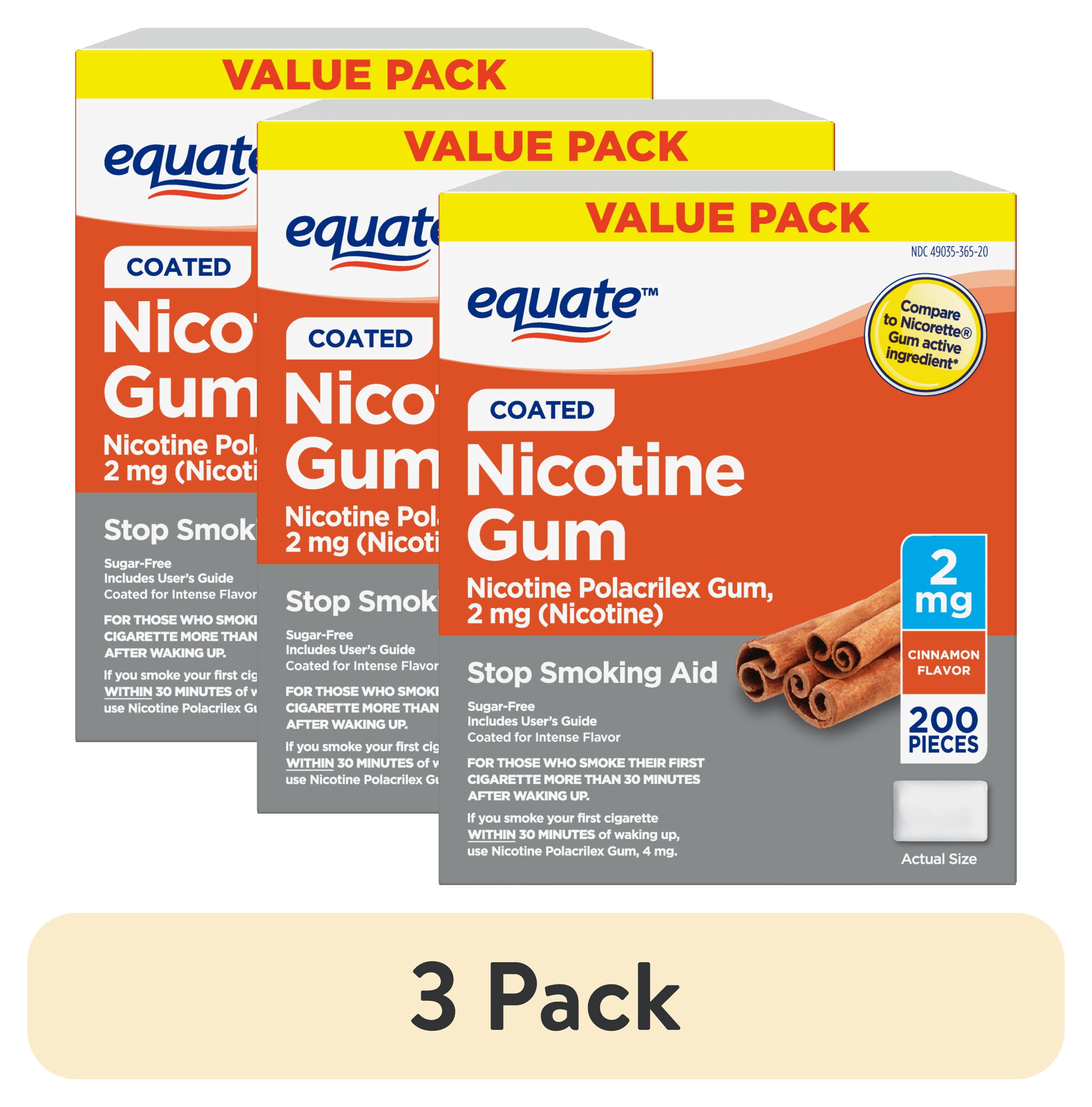 (3 pack) Equate Nicotine Coated Gum 2 mg, Stop Smoking Aid, Cinnamon Flavor, 200 Count