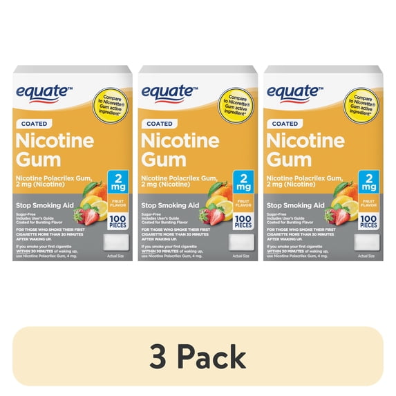 (3 pack) Equate Coated Nicotine Gum 2 mg, Fruit Flavor, Stop Smoking Aid, 100 Count