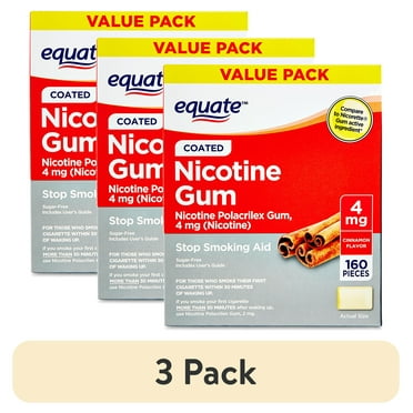 (3 pack) Equate Nicotine Polacrilex Coated Gum 4 mg, Cinnamon Flavor, Stop Smoking Aid, 160 Count, Compare to Nicorette® Gum Active Ingredient