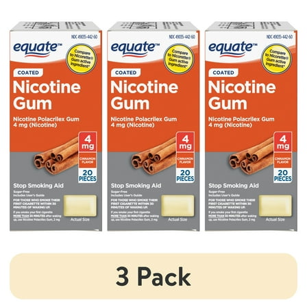(3 pack) Equate Nicotine Polacrilex Coated Gum 4 mg, Cinnamon Flavor, Stop Smoking Aid
