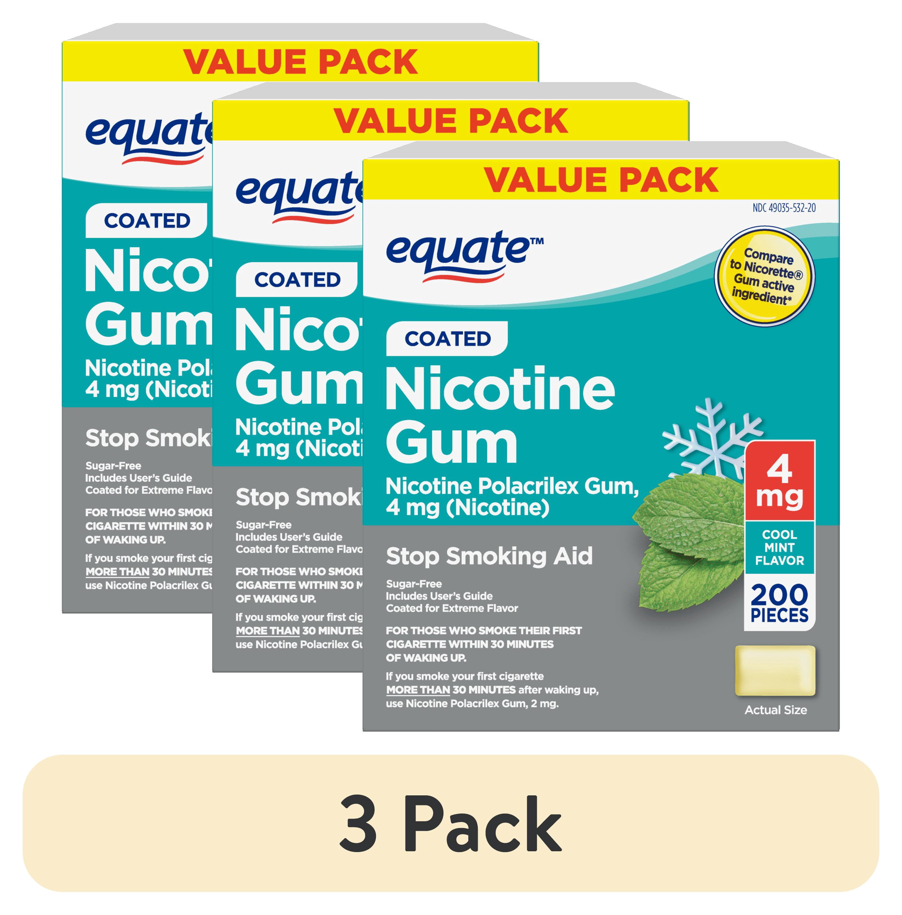 (3 pack) Equate Nicotine Polacrilex Coated Gum 4 mg (Nicotine), Mint Flavor, Stop Smoking Aid, 200 Count