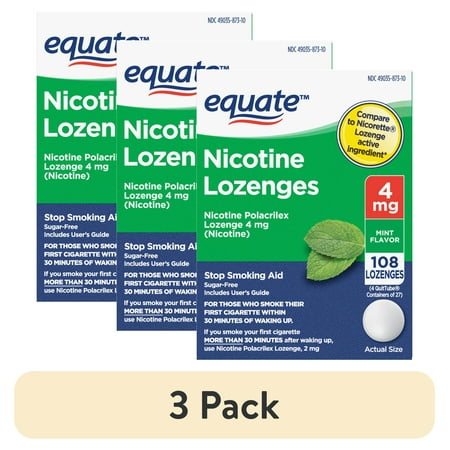(3 pack) Equate Nicotine Lozenge, Stop Smoking Aid, 4 mg, Mint Flavor, 108 Count