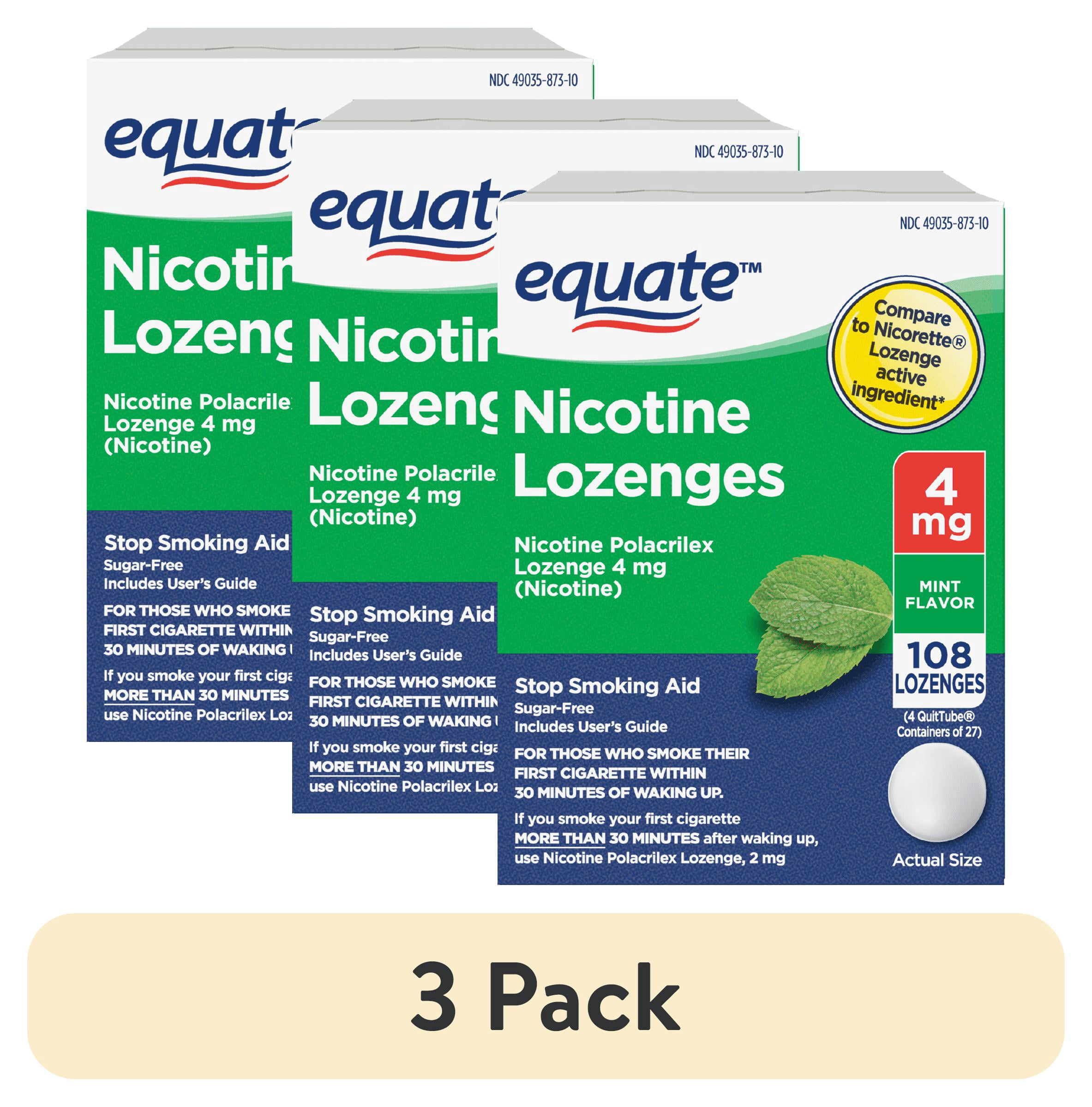 (3 pack) Equate Nicotine Polacrilex Lozenge 4 mg, Mint Flavor, Stop Smoking Aid, 108 Count, Compare to Nicorette® Lozenge Active Ingredient