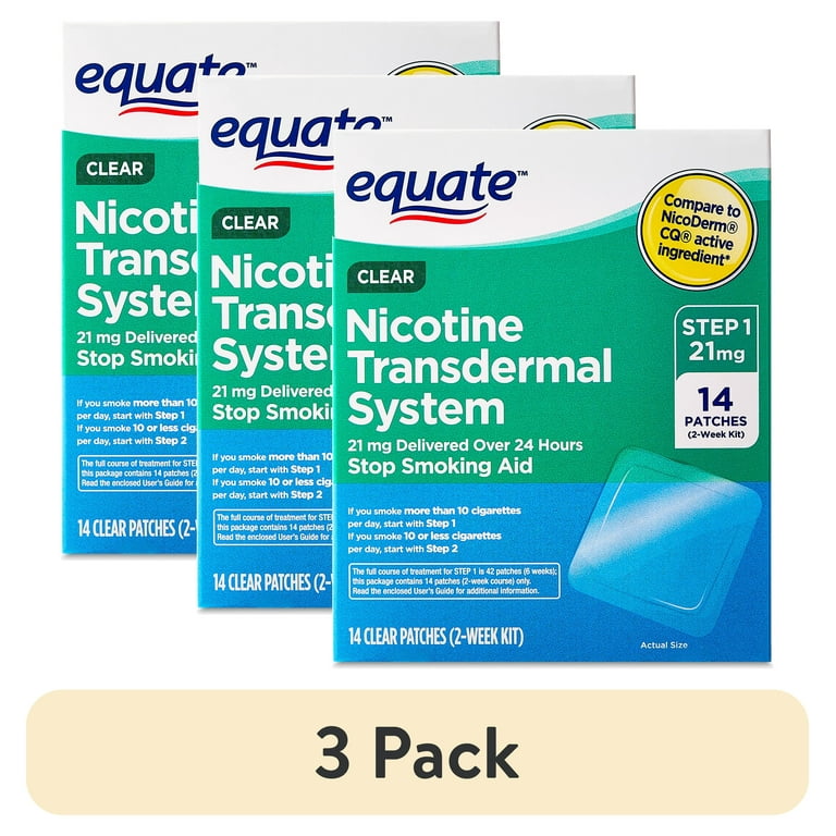 3 mg nicotine patch is equal to how many cigarettes (3 pack) Equate Nicotine Transdermal Patch Step 1, 21 mg, 14 Count – Stop  Smoking Aid, Clear Patch, Compare to Nicoderm® CQ®