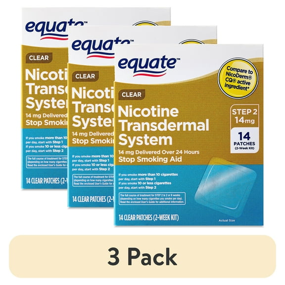 (3 pack) Equate Nicotine Transdermal Patch Step 2, 14 mg, 14 Count Stop Smoking Aid, Compare to Nicoderm CQ