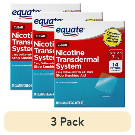 (3 pack) Equate Nicotine Transdermal System Step 3 Clear Patches, 7 mg, 14 Count, Compare to Nicoderm® CQ® Active Ingredient