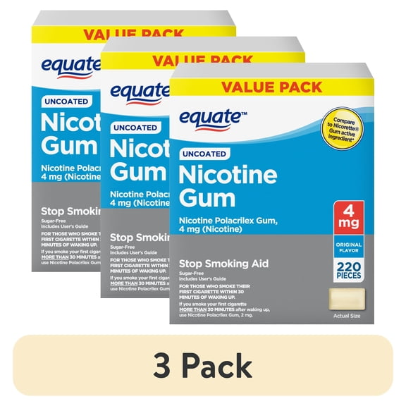 (3 pack) Equate Uncoated Nicotine Gum 4 mg, Original Flavor, 220 Count Stop Smoking Aid