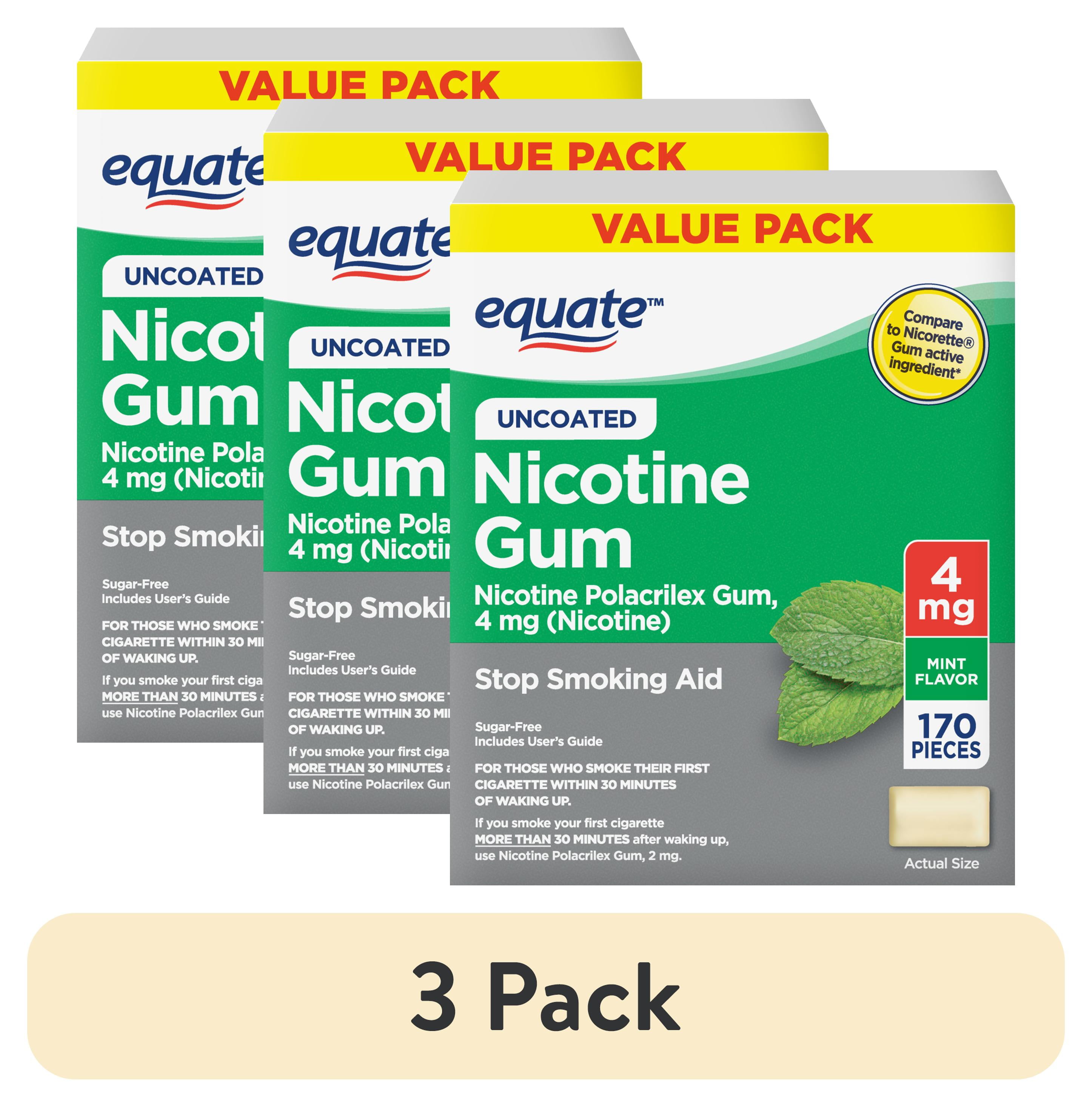 (3 pack) Equate Nicotine Gum 4 mg, Stop Smoking Aid, Mint Flavor, Uncoated, 170 Count