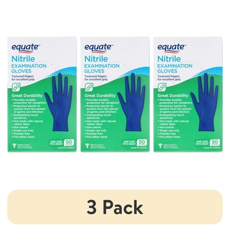 (3 pack) Equate Nitrile Exam Gloves, One Size Fits Most, 50 Count