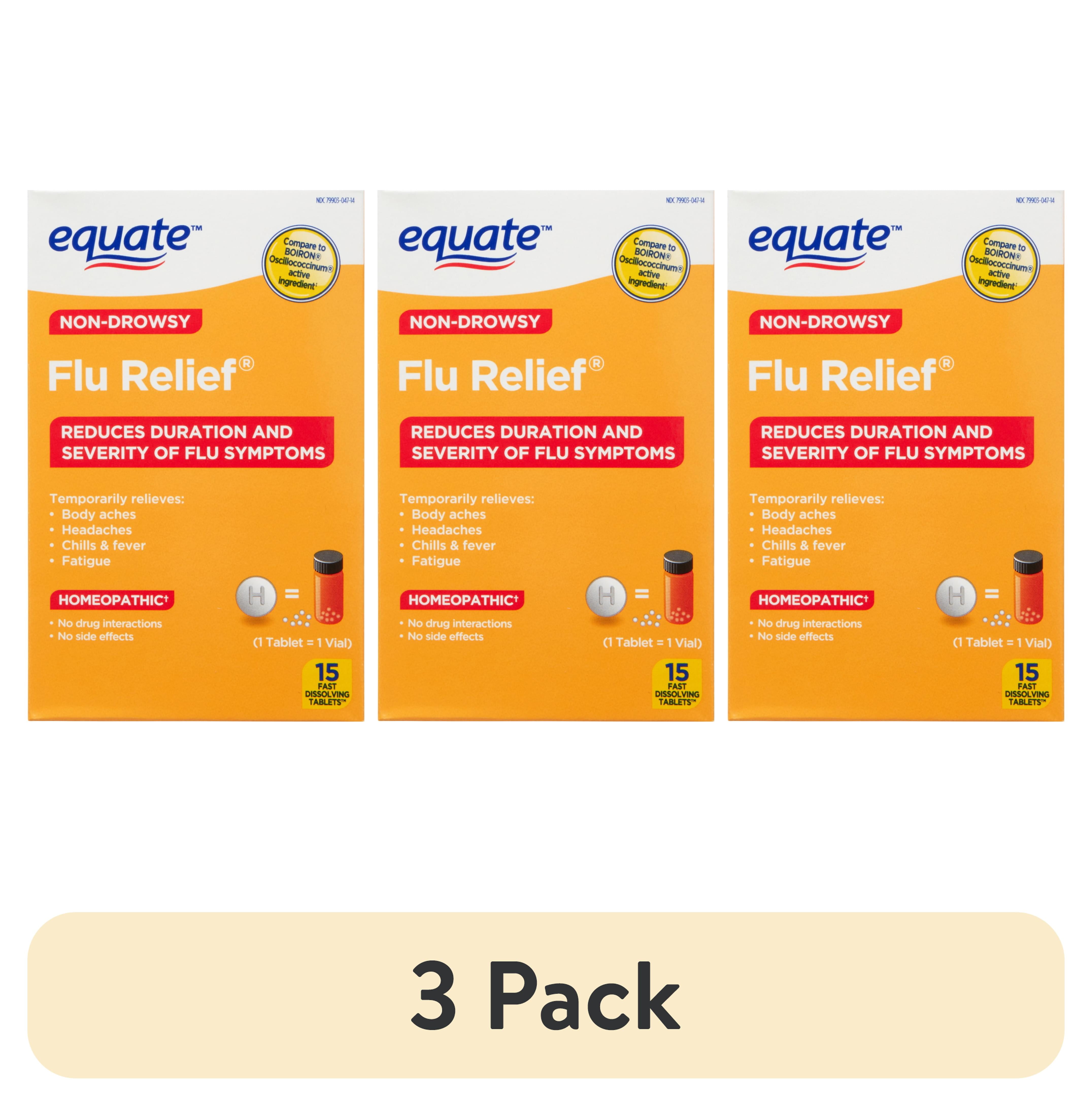 (3 pack) Equate Non-Drowsy Homeopathic Flu Relief Fast Dissolving Tablets, 15 Count, Compare to BOIRON® Oscillococcinum® Active Ingredient