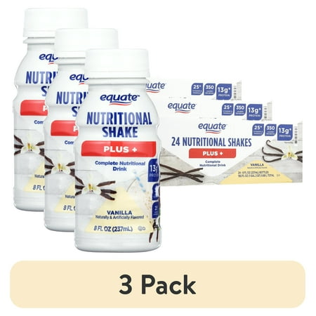 (3 pack) Equate Nutritional Shakes Plus, Vanilla, 8 fl oz, 24 Count