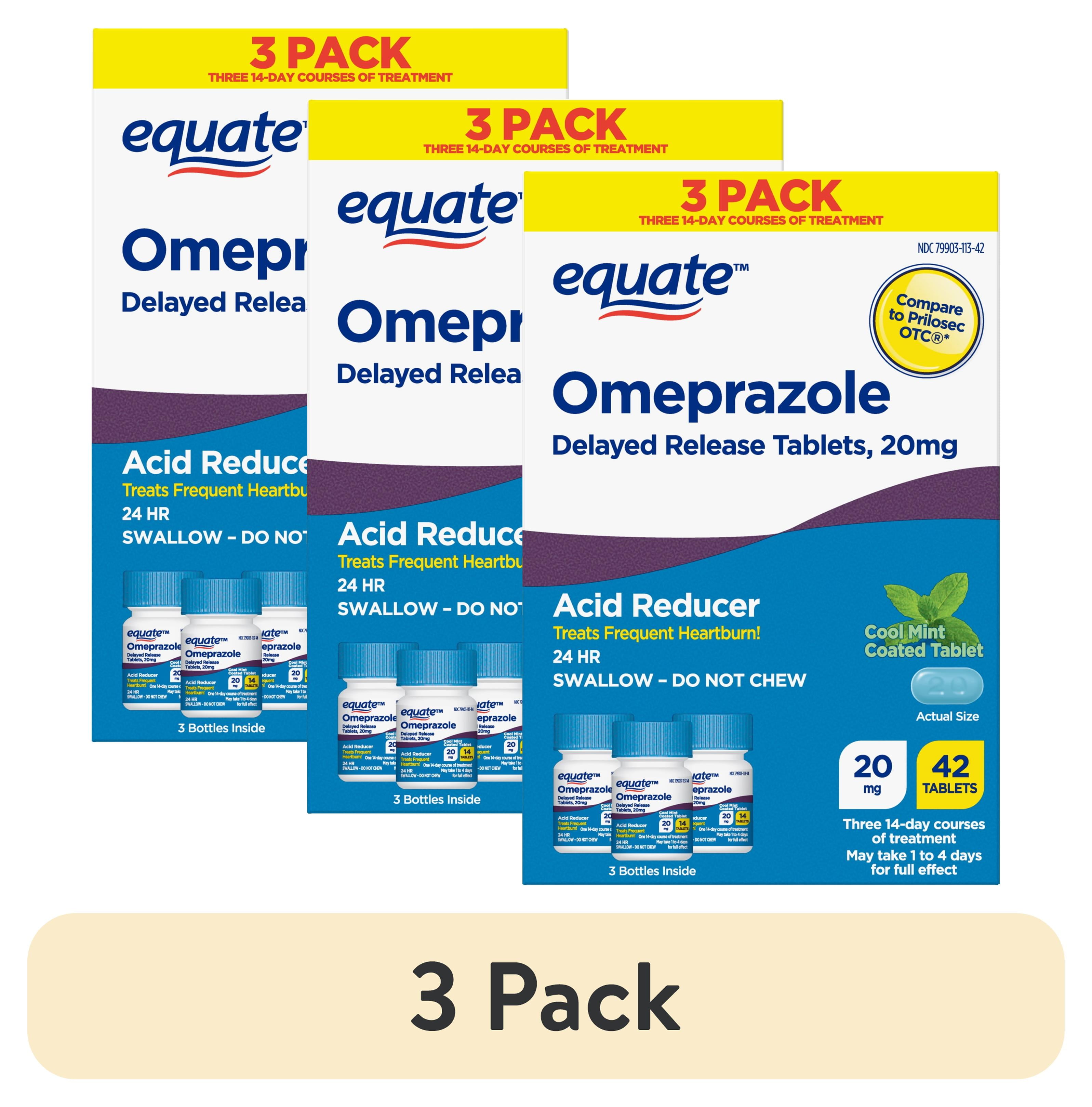 (3 pack) Equate Omeprazole Delayed Release Coated Tablets, Cool Mint, 20 mg, 42 Count, 3 Pack, Compare to Prilosec OTC