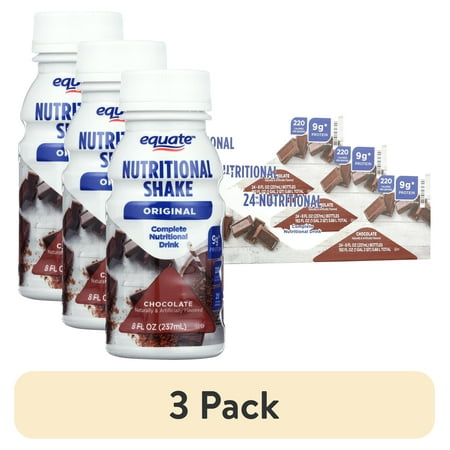 (3 pack) Equate Original Meal Replacement Nutritional Shakes, Chocolate, 8 fl oz, 24 Count