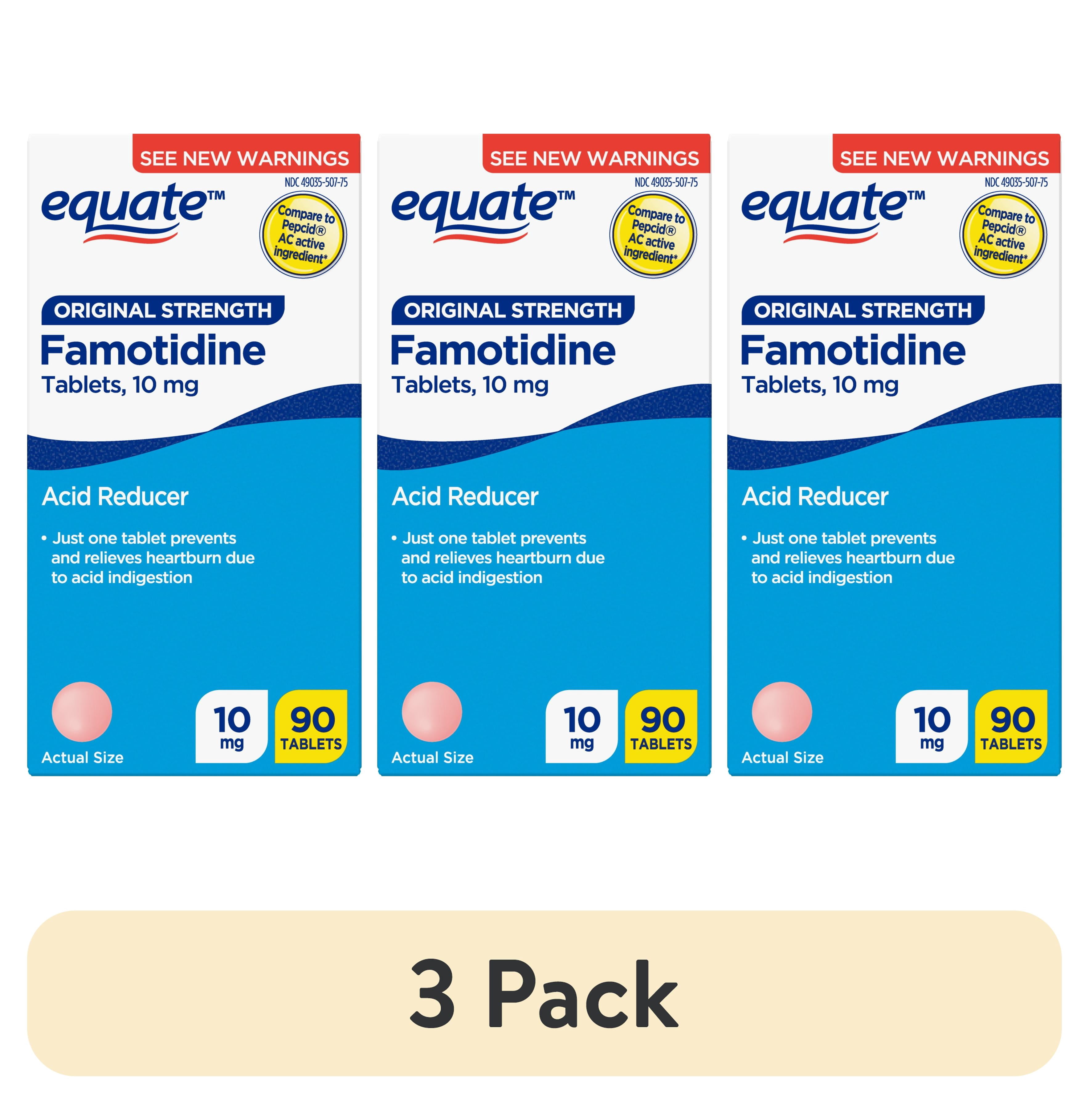 (3 pack) Equate Original Strength Famotidine Tablets, 10 mg, 90 Count, Compare to Pepcid AC Active Ingredient